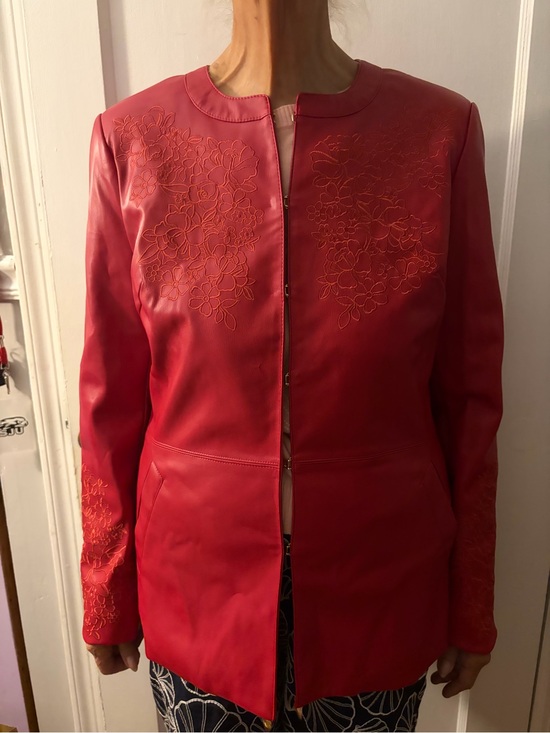 Isaac Mizrahi Jackets & Blazers - Red Floral-Embroidered Faux Leather Jacket - Women's